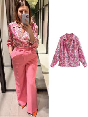 Blouse satin rose à manches longues avec design abstrait