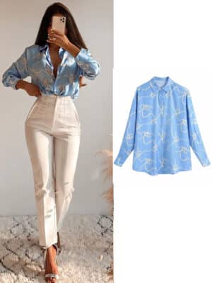 Blouse satin bleu à manches longues avec motif chaîne