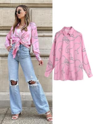 Blouse satin rose à manches longues avec motif chaîne