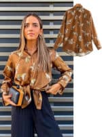 Top satiné marron à manches longues avec motif tigre
