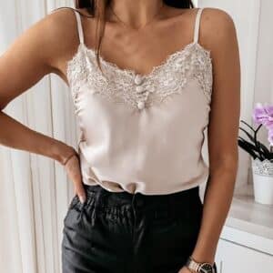 Débardeur satin à boutons orné de dentelle couleur beige